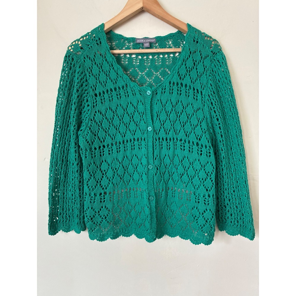 Jessica London Green Crochet Cardigan Sweater Plus 22/24 Open Knit Cottagecore